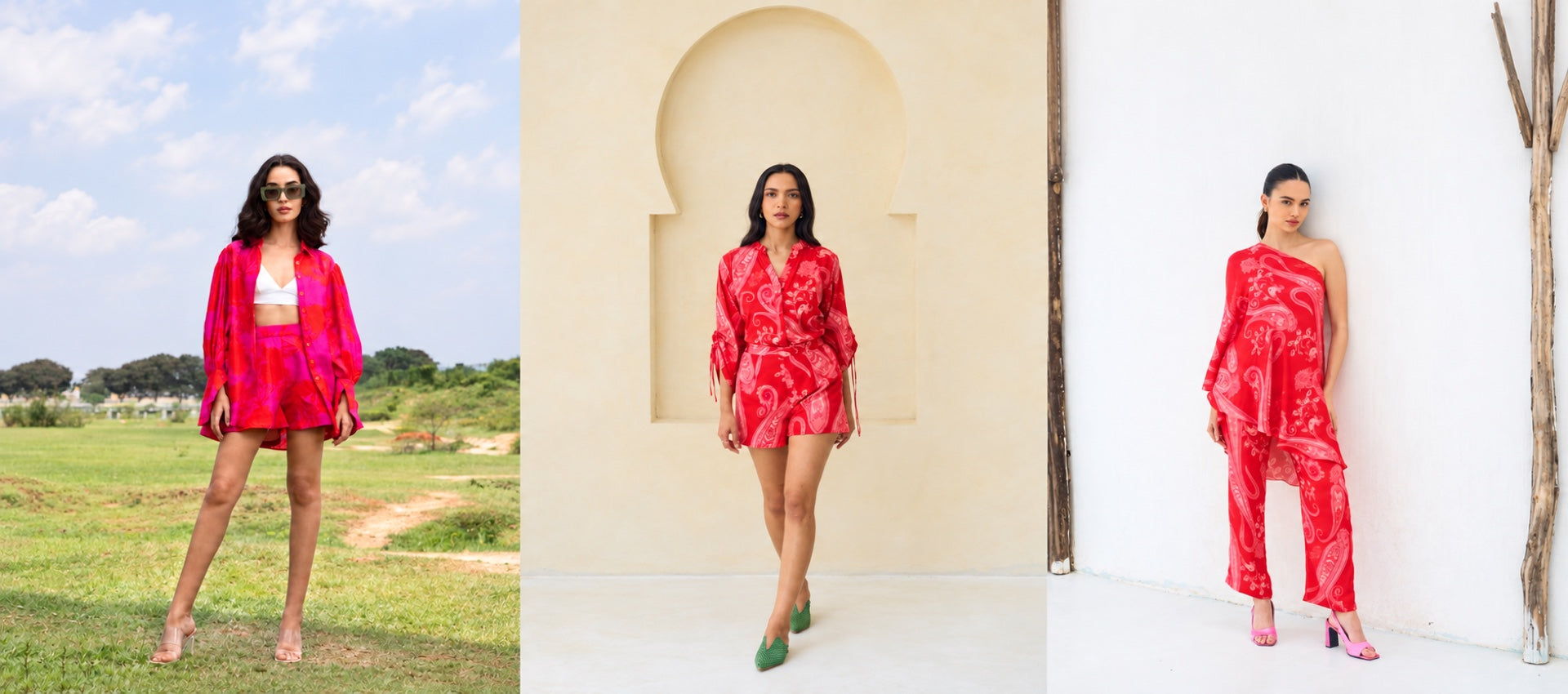 Three House of Soi printed co-ord sets styled for summer vacation looks