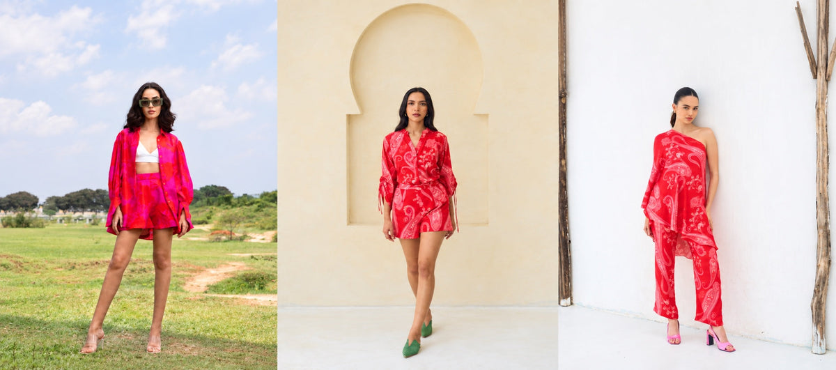 Three House of Soi printed co-ord sets styled for summer vacation looks