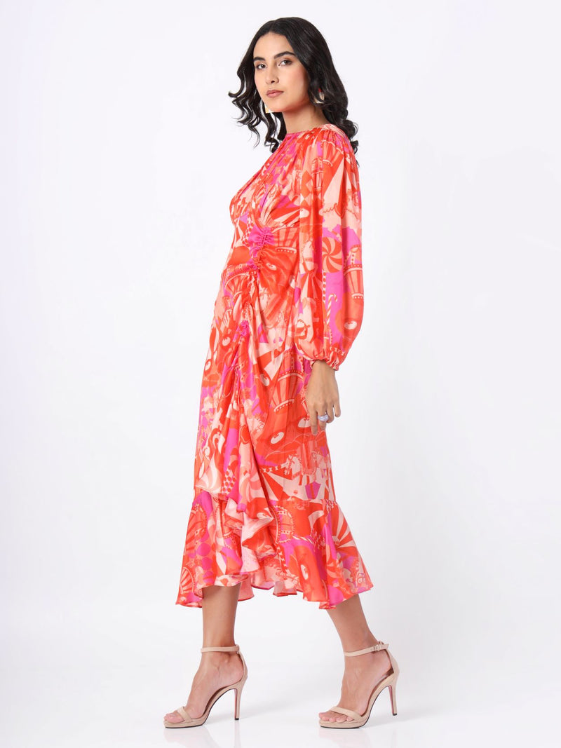 Orange and Pink Soiree Rouched Dress